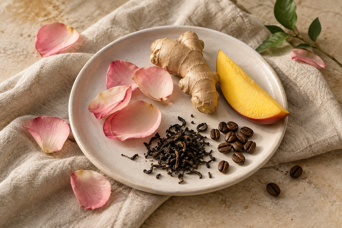 Rose petals, ginger, mango, coffee beans and tea leaves arranged on a ceramic plate and linen
