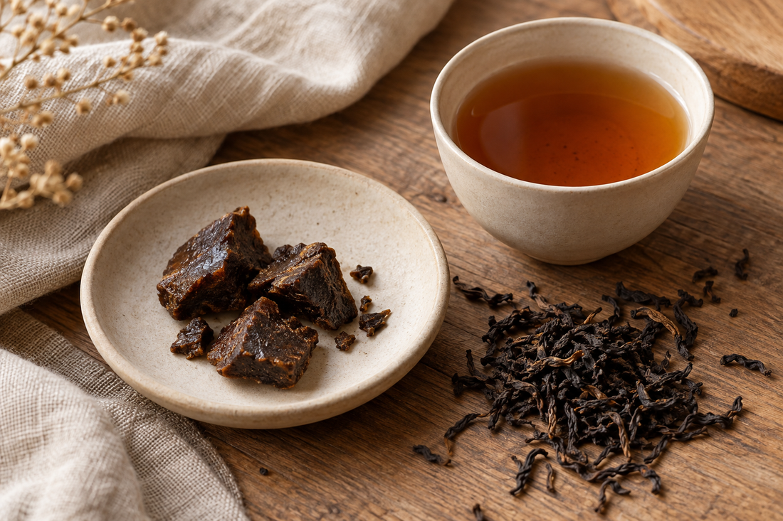 Editorial illustration of tea-concentrate pieces, loose tea leaves and amber tea in a ceramic cup