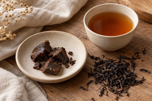 Editorial illustration of tea-concentrate pieces, loose tea leaves and amber tea in a ceramic cup