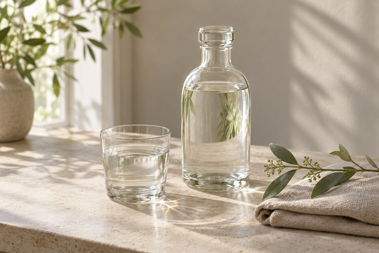 Clear glass water bottle and tumbler beside folded linen and a green botanical stem in morning light