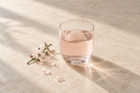 A pale pink drink in a clear glass beside blossoms and petals on a sunlit cream stone table