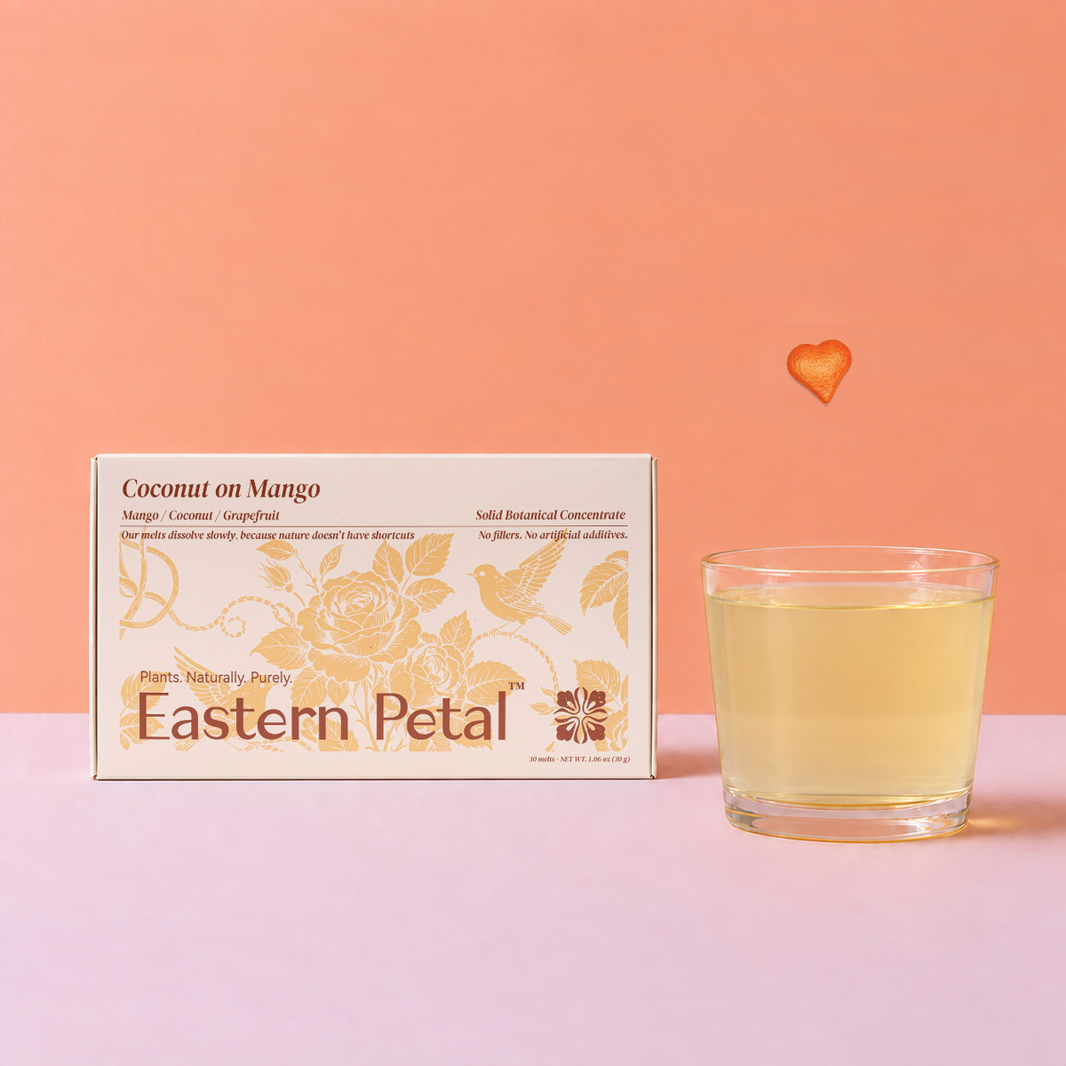 Coconut on Mango tea box, heart-shaped botanical melt and prepared tea