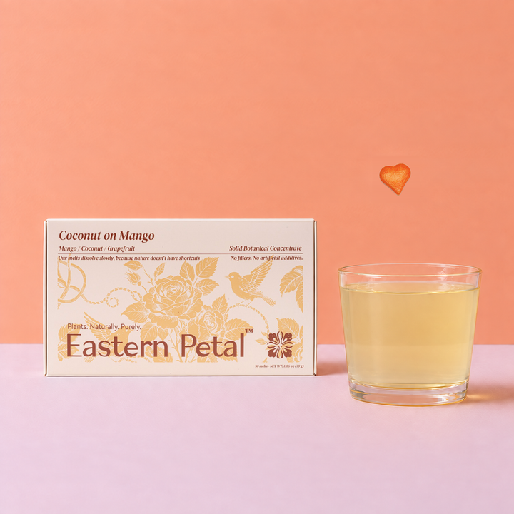 Coconut on Mango tea box, heart-shaped botanical melt and prepared tea