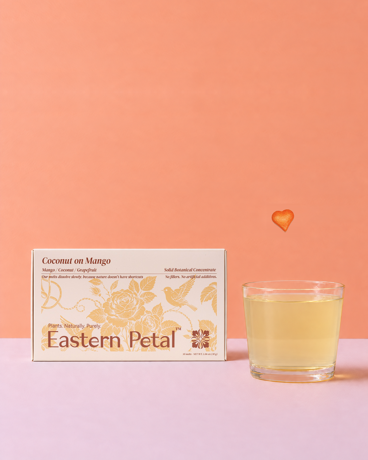coconut on mango tea box, botanical melt and prepared tea