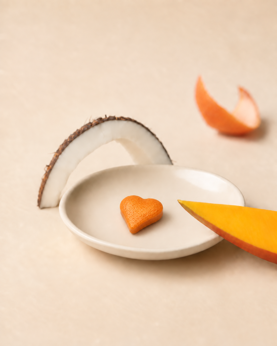 Coconut on Mango botanical tea melt on a ceramic plate with mango and coconut