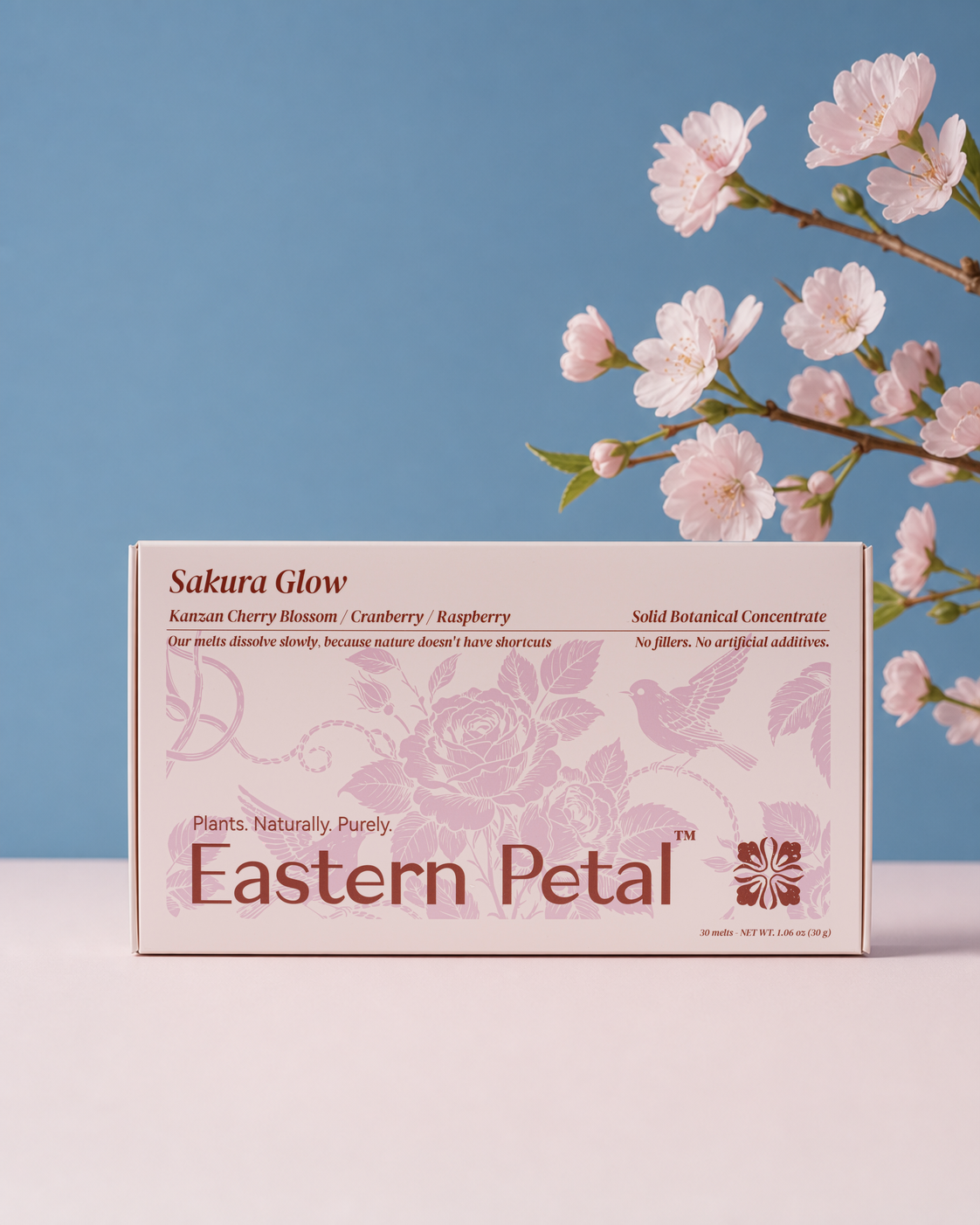 Sakura Glow packaging box with photographed label