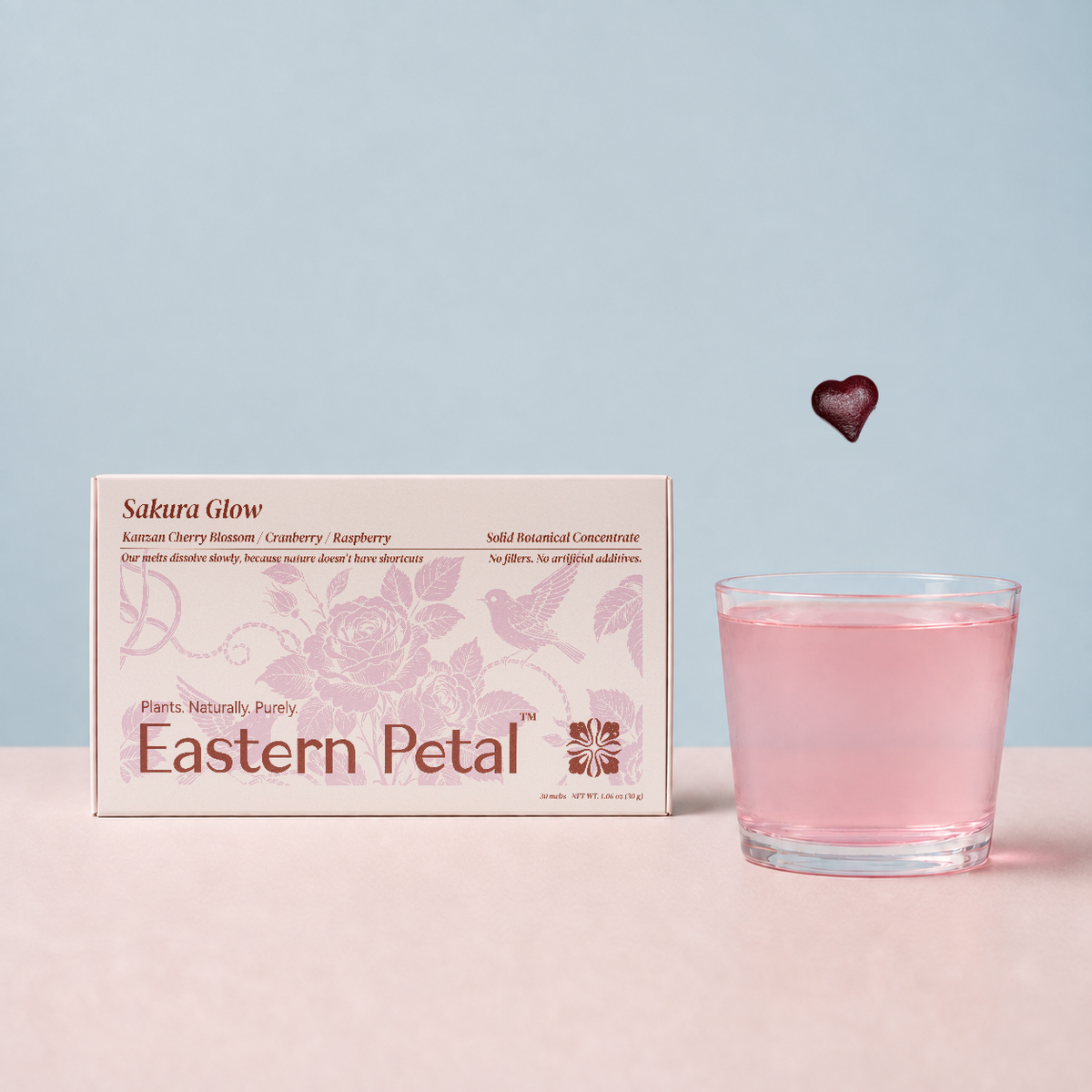 Sakura Glow tea box, heart-shaped botanical melt and prepared tea