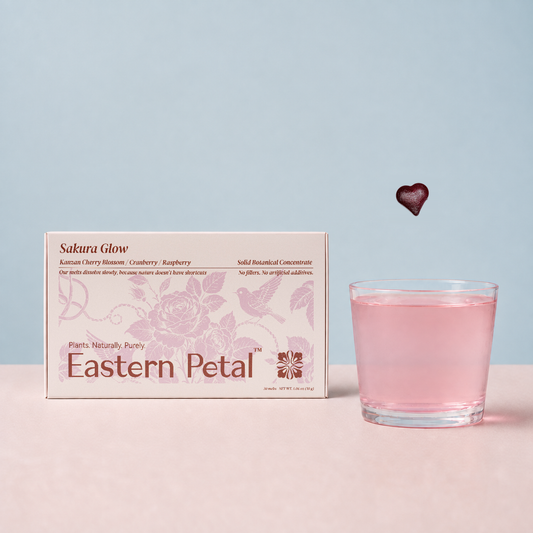 Sakura Glow tea box, heart-shaped botanical melt and prepared tea