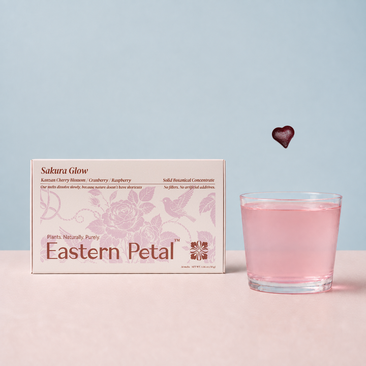 Sakura Glow tea box, heart-shaped botanical melt and prepared tea