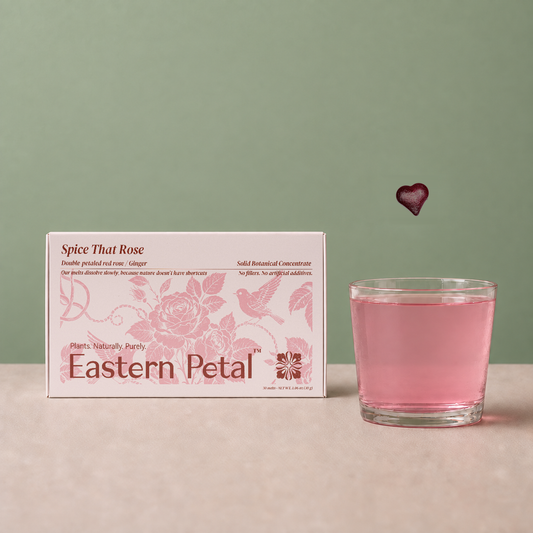 Spice That Rose tea box, heart-shaped botanical melt and prepared tea