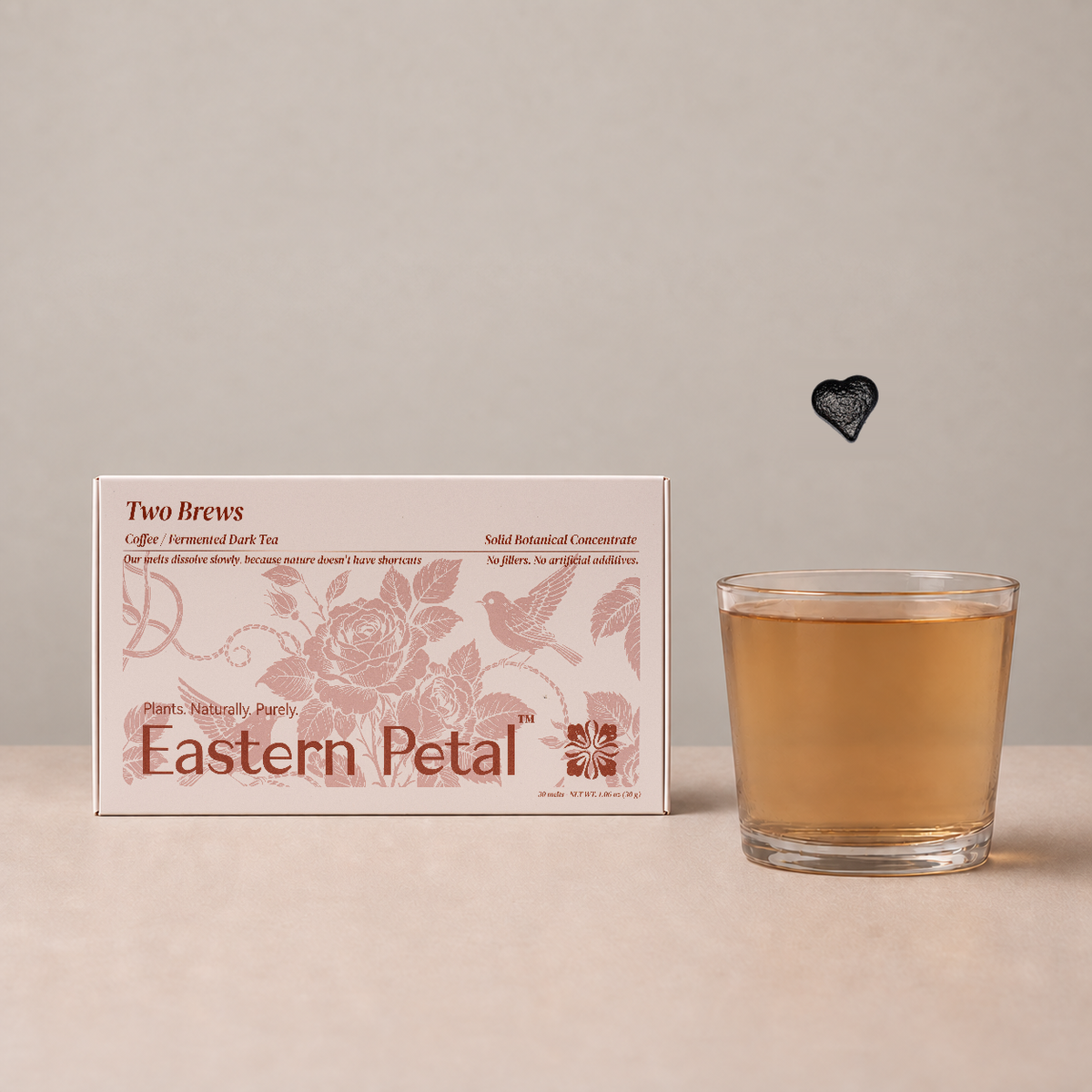 Two Brews tea box, heart-shaped botanical melt and prepared tea