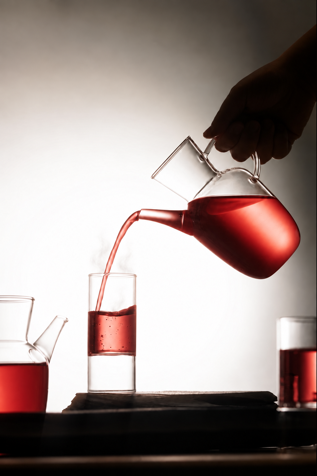 A warm botanical drink being poured into a glass