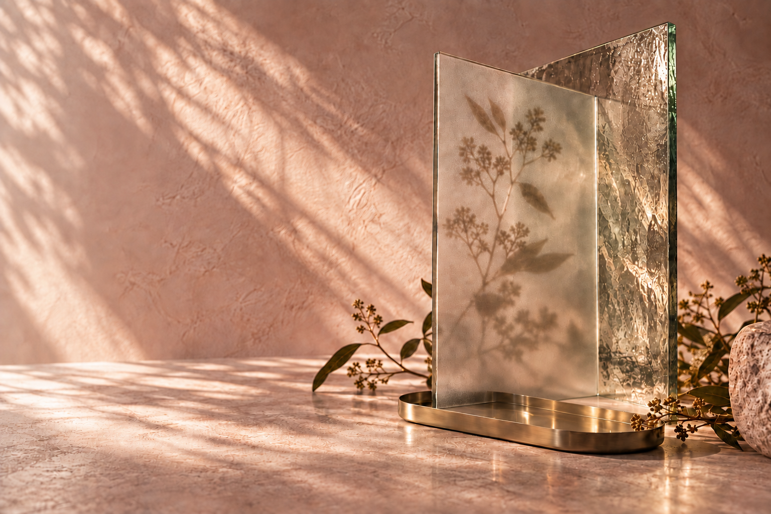 Architectural glass arranged like a house with botanical shadows and natural light